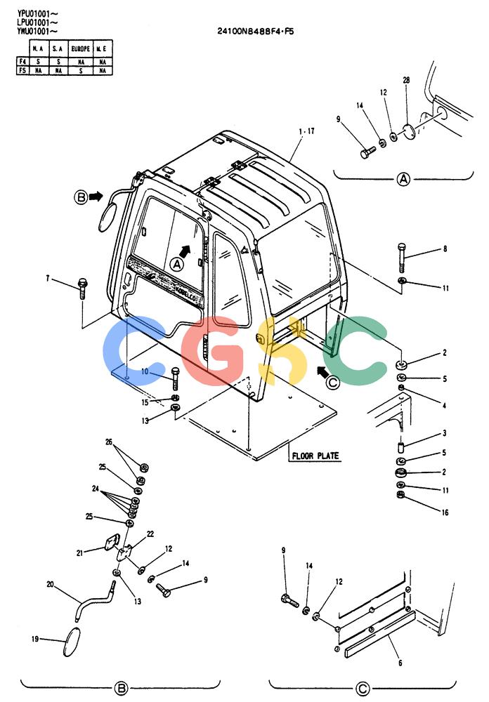 神钢零件查询(SK130LC) - EXCAVATOR BTW YPU1001 - YPU2000 (1/98-12/98) (02-001) - CAB INSTALLATION Kobelco