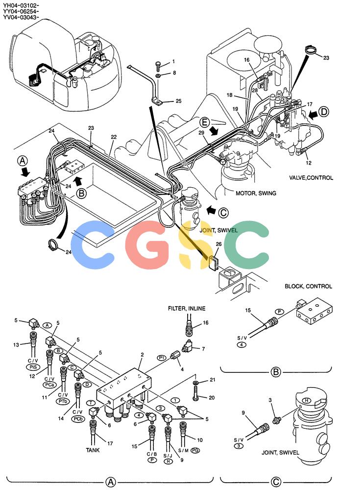 纽荷兰零件查询(E135SR) - CRAWLER EXCAVATOR ASN YY04-06254 (01-030[01]) - CONTROL LINES, REMOTE, P/N YY64H00021F1 New Holland Constructuion