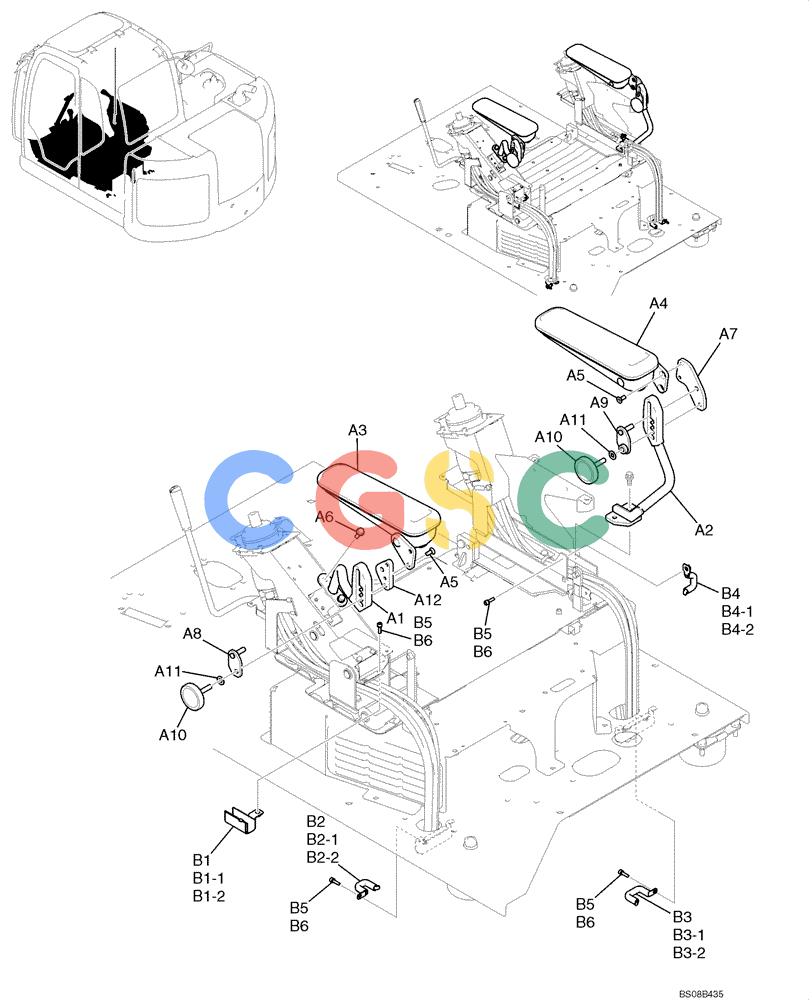 纽荷兰零件查询(E70BSR) - COMPACT CRAWLER EXCAVATOR BTW YT05-15001 - 18000 (NA) (4/08-) (02-26-07[00]) - ARM REST & CLAMP ASSEMBLY (YN25M01183F1 & YT12P01062F1) New Holland Constructuion