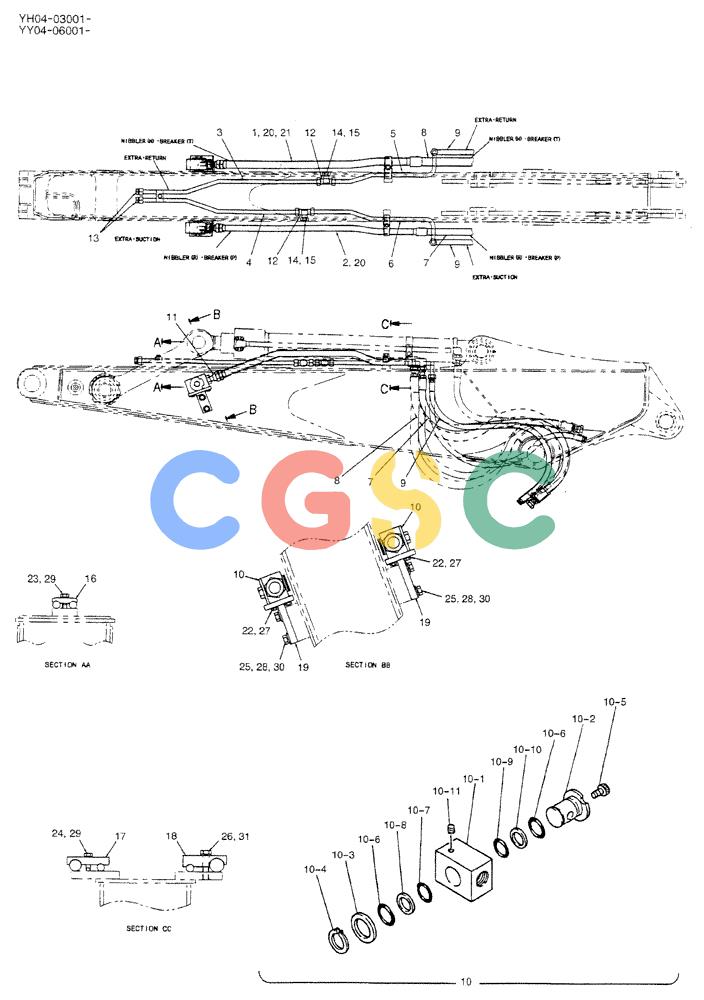 神钢零件查询(BREAKER) - ATTACHMENT (N&B) - SK115SR & SK135SR - ASN YV04, YY04, YH04-03001 (9/04-) (02-040) - HYD LINES, ARM 2.45M (EXTRA, NIBBLER & BREAKER) Kobelco