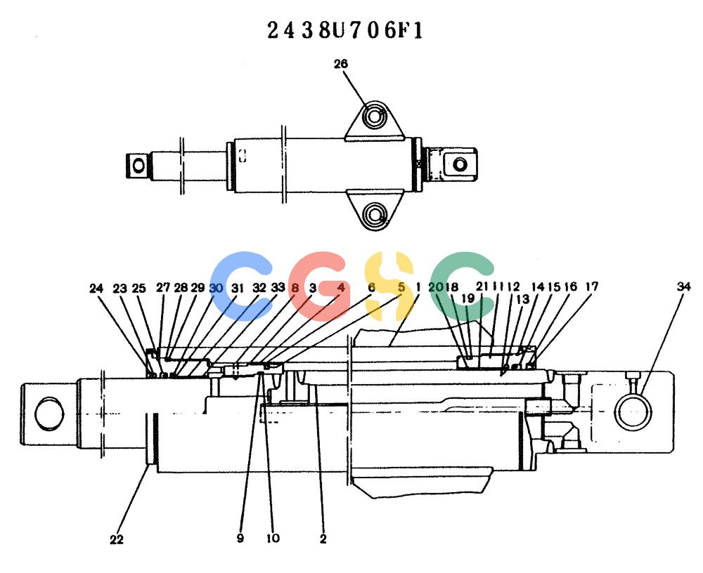 神钢零件查询(K904L) - MARK II EXCAVATOR ASN LX1526 (1/88-12/03) (11-046) - CYLINDER ASSY, P/N 2438U706F1 Kobelco
