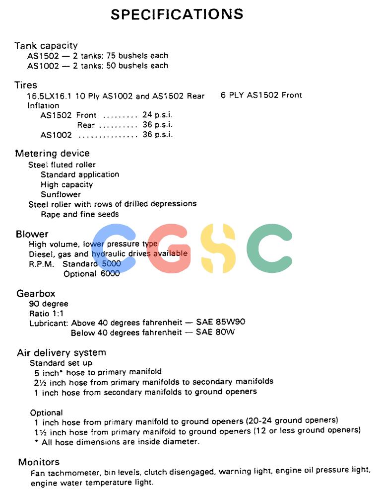 凯斯零件查询(1802) - CONCORD AIR SYSTEM (1/90-11/01) (26) - SPECIFICATIONS Case Agriculture