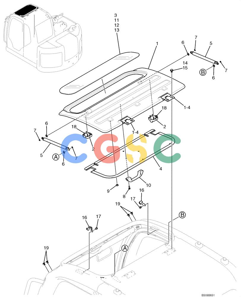 纽荷兰零件查询(E70BSR) - COMPACT CRAWLER EXCAVATOR BTW YT05-15001 - 18000 (NA) (4/08-) (02-40-00[00]) - WINDOW ASSEMBLY, ROOF (YY02C01040F1) New Holland Constructuion