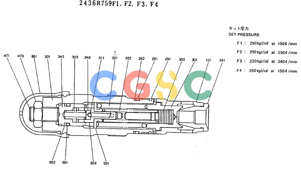 神钢零件查询(MD320BLC) - EXCAVATOR BTW YC0301 - YC0747 (1/80-12/06) (11-006) - VALVE ASSY, RELIEF 2436R759F2, F2, F3, F4 Kobelco
