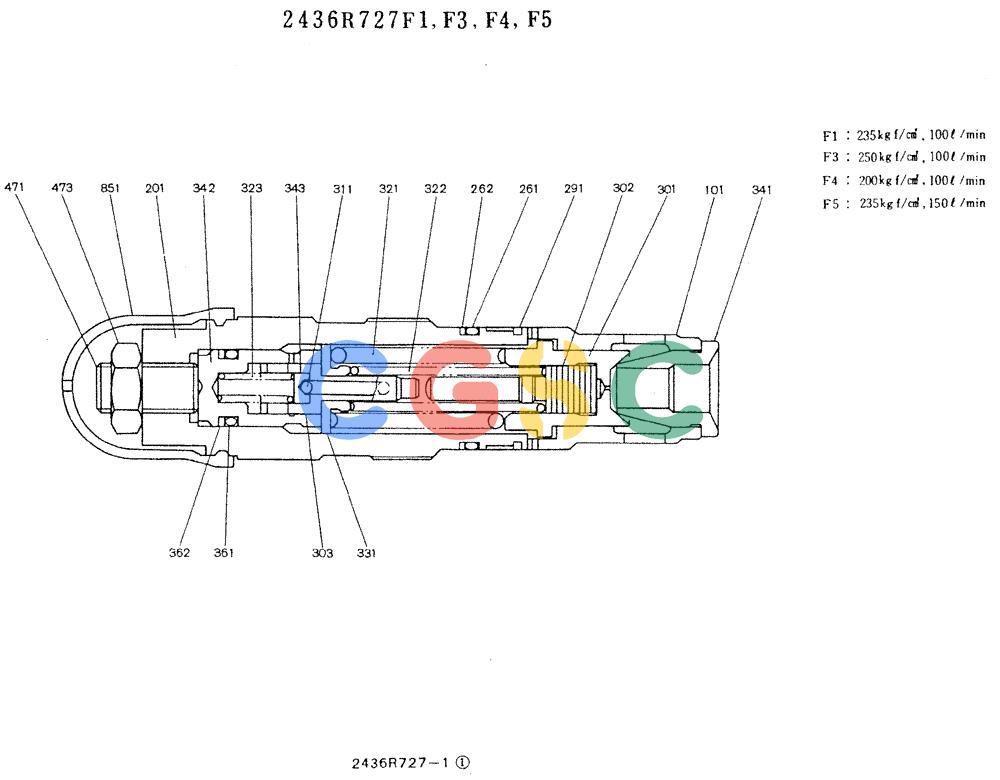 神钢零件查询(K905LC) - MARK II EXCAVATOR ASN YPU00001 (1/87-12/03) (11-003) - VALVE ASSY, RELIEF, 2436R727 Kobelco