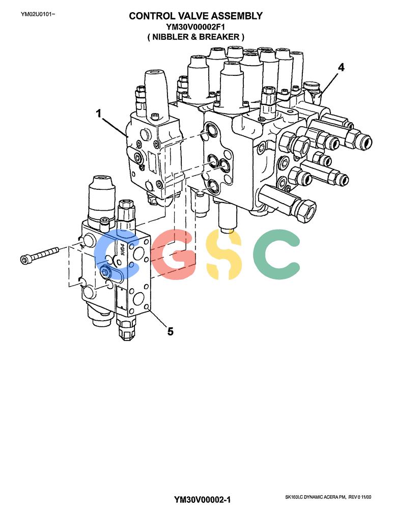 神钢零件查询(SK160LC) - DYNAMIC ACERA EXCAVATOR 11/2000 ASN YM02U0101 (11/00-12/02) (08-015) - CONTROL VALVE ASSY (NIBBLER AND BREAKER) P/N YM30V00002F1 Kobelco