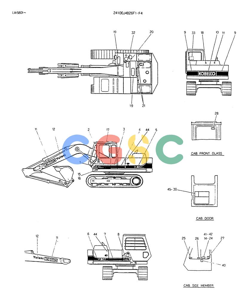 神钢零件查询(K904DL) - EXCAVATOR ASN LX1201 (1/84-12/03) (17-001) - LABEL, NAME PLATE P/N 24100J4826F1,F4 Kobelco