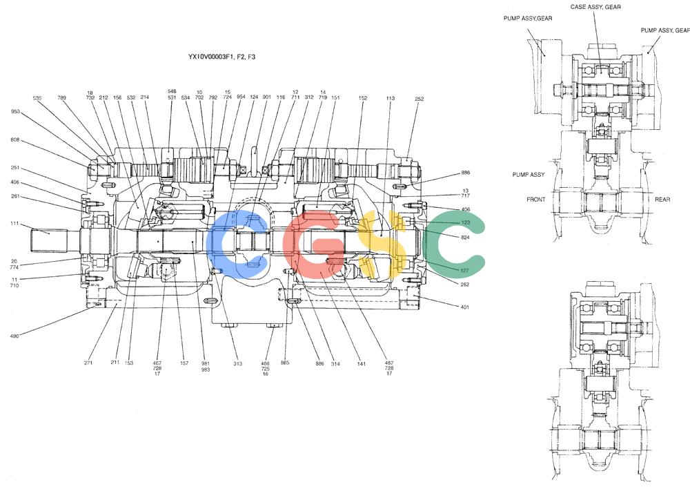 纽荷兰零件查询(E130) - CRAWLER EXCAVATOR (N.A.) (1/06-) (08 -25[00]) - PUMP, P/N YX10V00003F1, YX10V00003F2 & YX10V00003F3 New Holland Constructuion