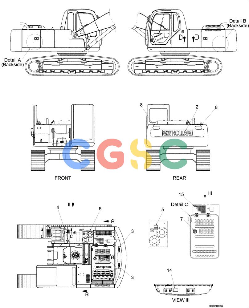 纽荷兰零件查询(EH160) - CRAWLER EXCAVATOR (9/03-) (09 -90[00]) - DECALS - FRAME (POSITION) (YN22TU0018F1 E160/E215) New Holland Constructuion