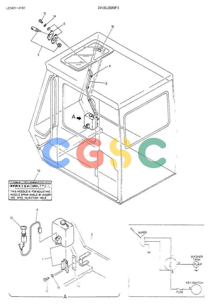 神钢零件查询(K903B) - EXCAVATOR ASN LE3401 (1/85-12/03) (08-031) - WASHER ASSY, WINDOW (FOR EXPORT) P/N 24100J3059F3 Kobelco