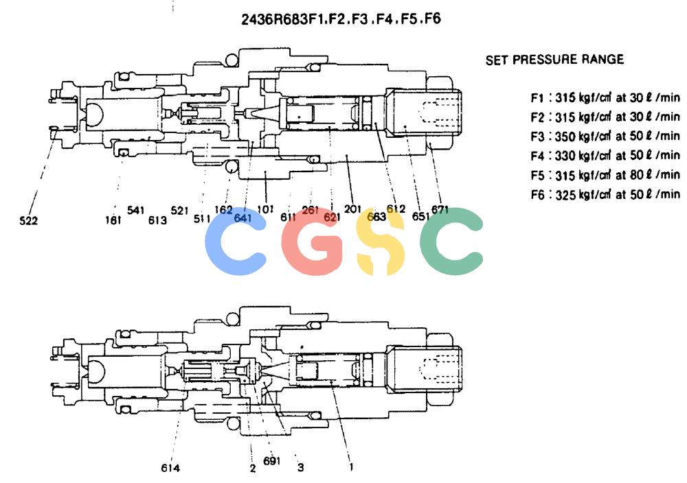 神钢零件查询(MD240C) - EXCAVATOR BTW LLU0301 - LLU0600 (1/80-12/06) (12-003) - VALVE ASSY, RELIEF - 2436R683F1-F6 Kobelco