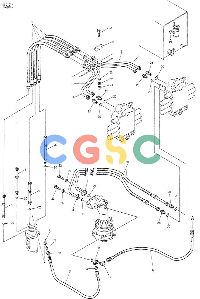 神钢零件查询(K907CLC) - EXCAVATOR BTW YG0101 - YG0500 (1/85-12/03) (04-004) - HYDR LINES, UPP (P/N-24100X1110F1) Kobelco