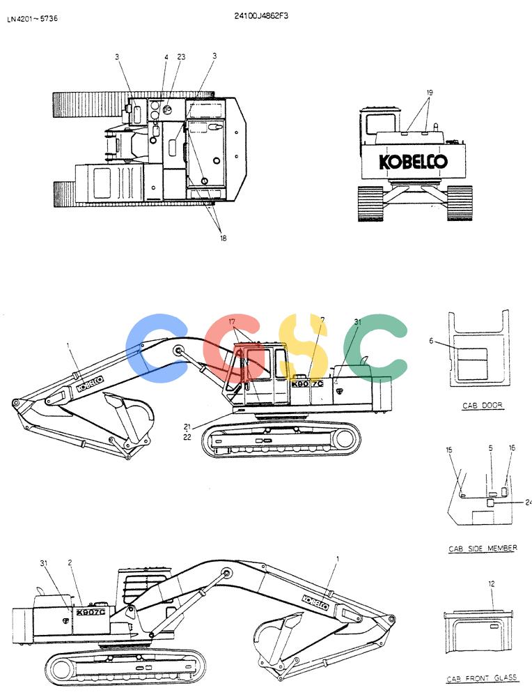 神钢零件查询(K907CLC) - EXCAVATOR BTW YG0101 - YG0500 (1/85-12/03) (15-005) - LABEL NAME-PLATE P/N 24100J4862F3 Kobelco