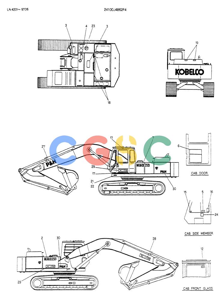 神钢零件查询(K907CLC) - EXCAVATOR BTW YG0101 - YG0500 (1/85-12/03) (15-018) - LABEL,NAME-PLATE P/N 24100J4862F4 Kobelco