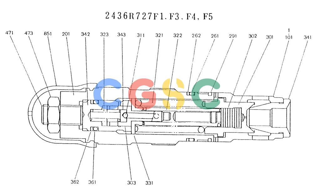 神钢零件查询(K904L) - MARK II EXCAVATOR BTW LX1501 - LX1525 (1/88-12/03) (11-003) - VALVE ASSY, RELIEF, P/N 2436R727F1, F3, F4, F5 Kobelco