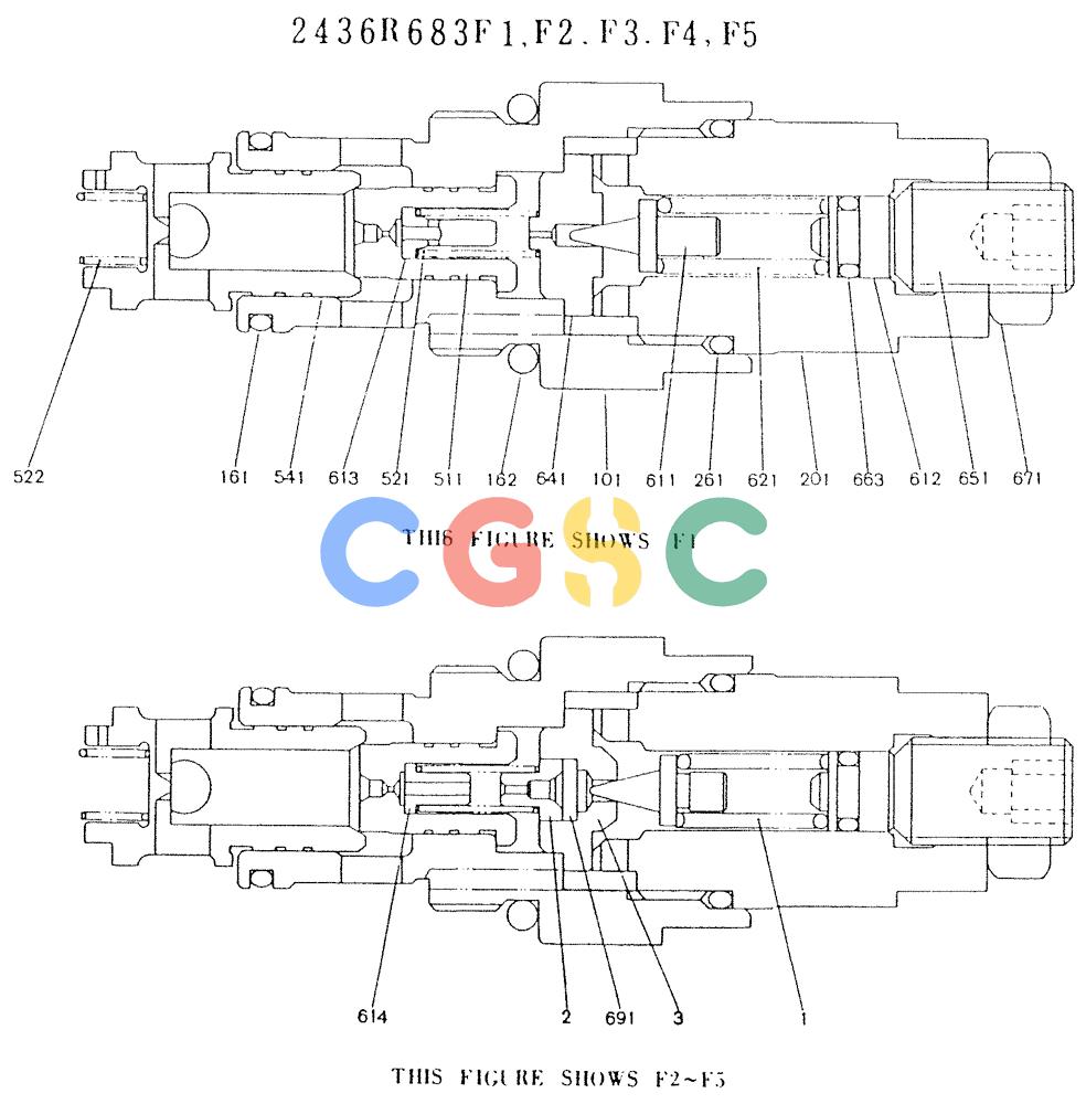 神钢零件查询(K904L) - MARK II EXCAVATOR BTW LX1501 - LX1525 (1/88-12/03) (11-002) - VALVE ASSY, RELIEF, P/N 2436R683F1-F5 Kobelco