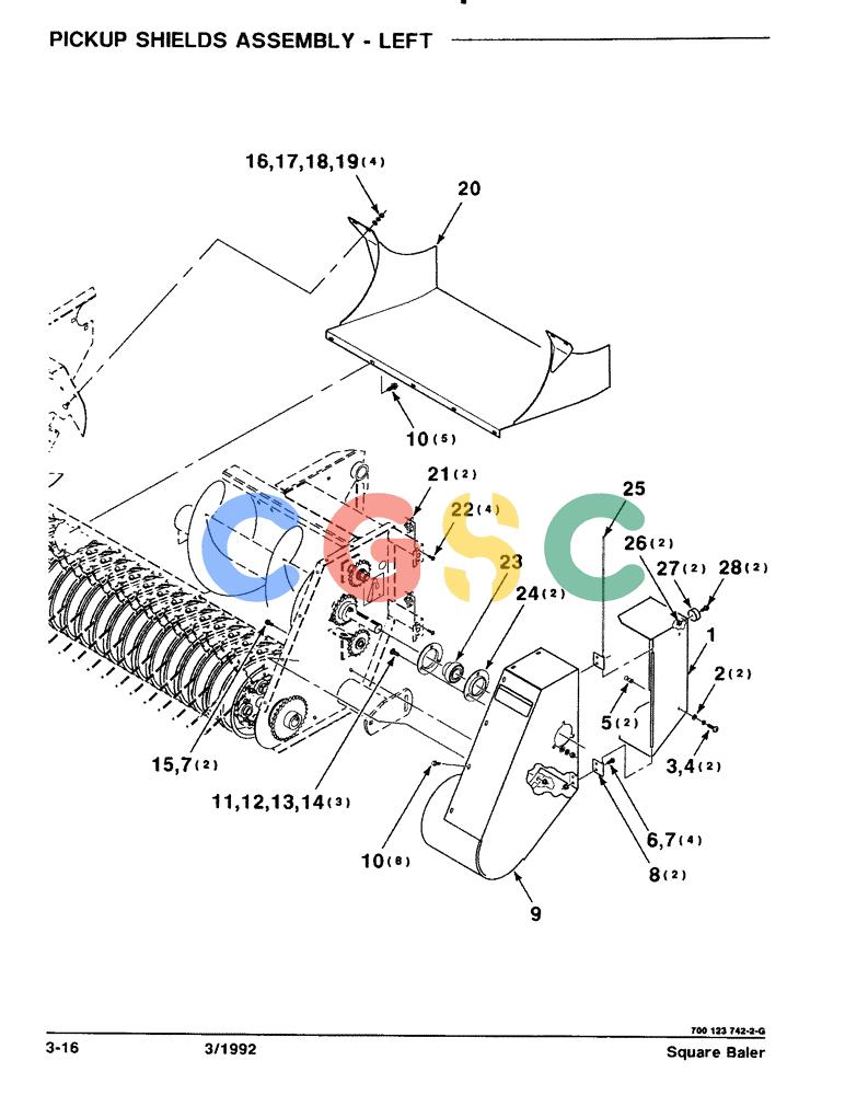 凯斯零件查询(8570) - CASE IH MID-SIZE RECTANGULAR BALER (1/91-12/96) (3-16) - PICKUP SHIELDS ASSEMBLY, LEFT Case Agriculture