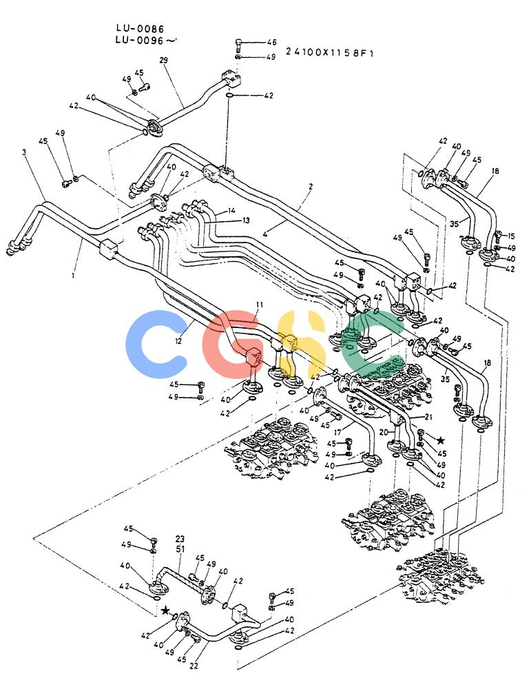 神钢零件查询(K935) - EXCAVATOR SUPPLEMENT ASN LU00154 (1/76-12/03) (04-004[01]) - HYD LINES UPP P/N 24100X1158F1 Kobelco