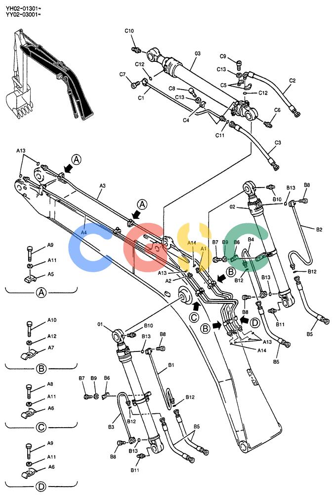 神钢零件查询(ED150) - BLADE RUNNER EXCAVATOR/DOZER BTW YL04-00501 - YL04-00554 (4/03-10/03) (03-002) - HYD LINES, BOOM 4.6M (15FT 1IN) Kobelco