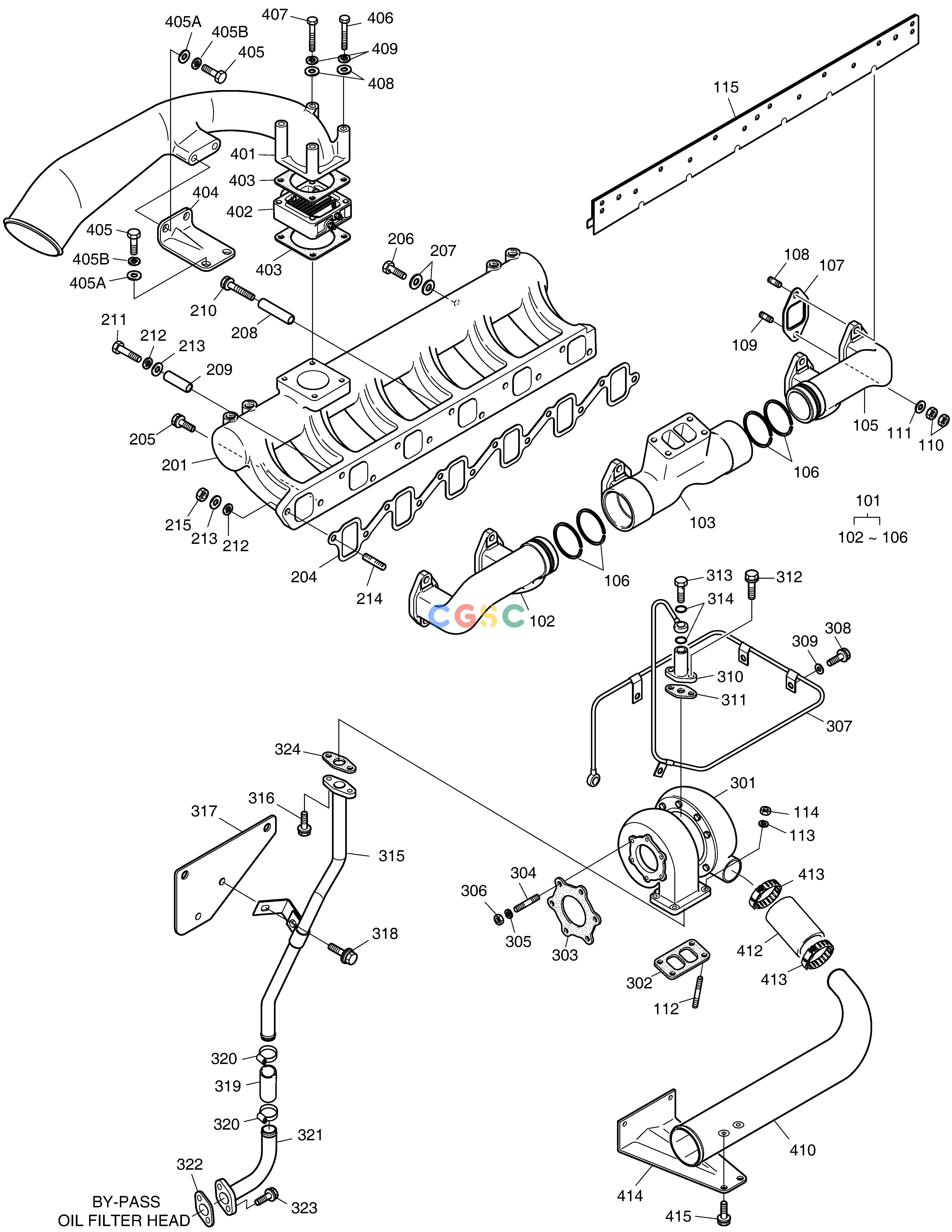 斗山零件查询INTAKE & EXHAUST MANIFOLD MEGA 400-V (CHINA) Doosan parts catalog online