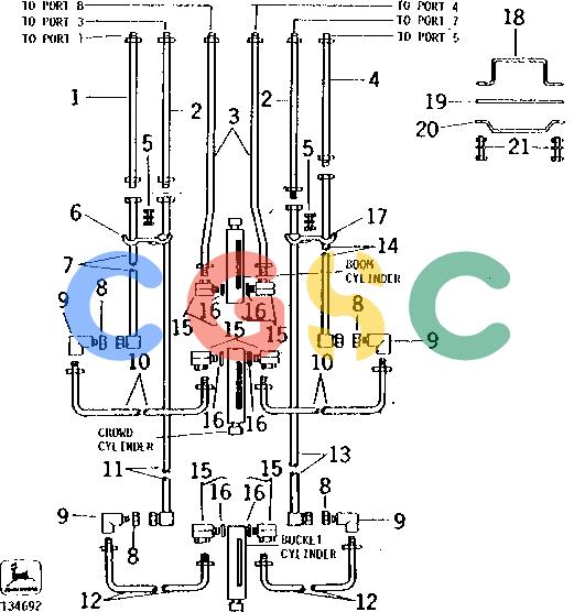 约翰迪尔零件查询93 - BACKHOE OIL LINES AND FITTINGS - BOOM, CROWD, AND BUCKET CIRCUITS 93 ( -005700) AND 95 ( -002450) EPC John Deere online