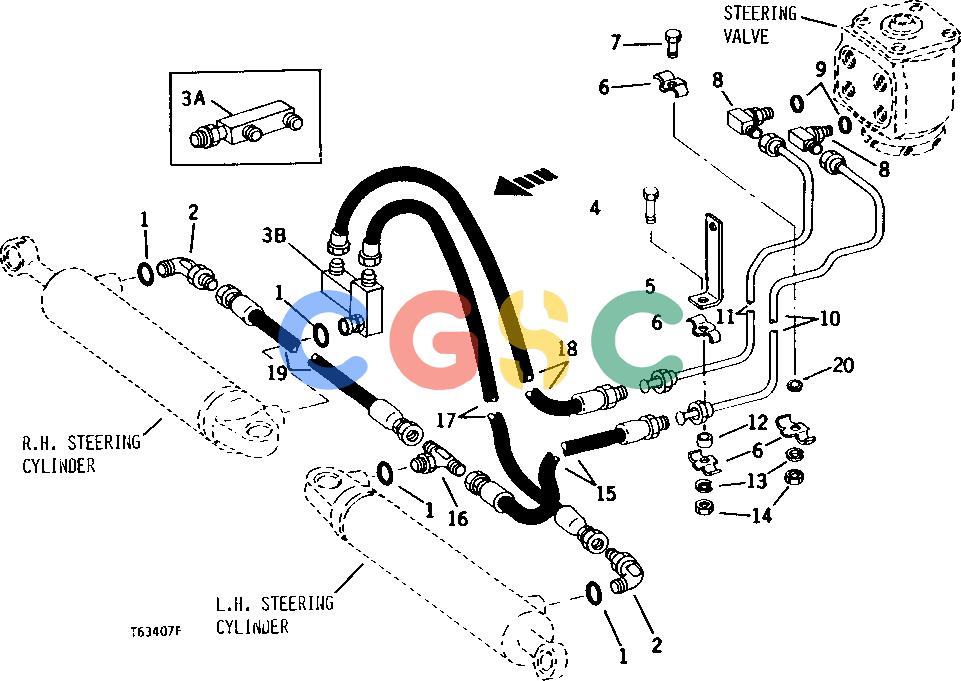 约翰迪尔零件查询410 - BACKHOE, LOADER POWER STEERING CYLINDER HYDRAULICS (SERIAL NO. 235786-343922) [01G22]EPC John Deere online
