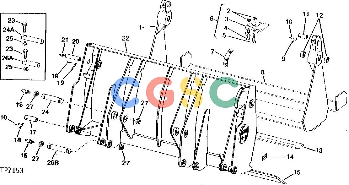 约翰迪尔零件查询410 - BACKHOE, LOADER 7/8-CUBIC YARD DROTT 4-IN-1 BUCKET [02F20]EPC John Deere online