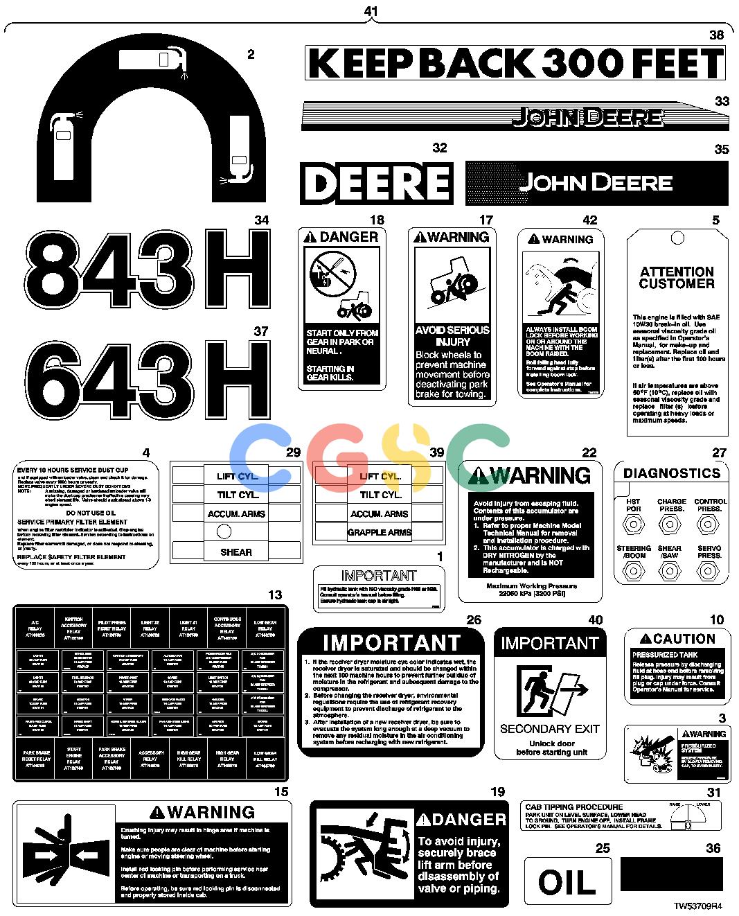约翰迪尔零件查询1200 - AXLE Decals and Labels, Cab Exterior (643H/843H) (John Deere Green)EPC John Deere online
