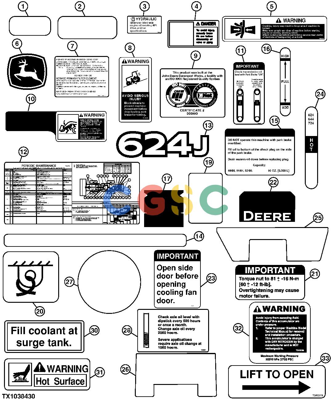 约翰迪尔零件查询624J - LOADER, FOUR-WHEEL DRIVE Decals and LabelsEPC John Deere online