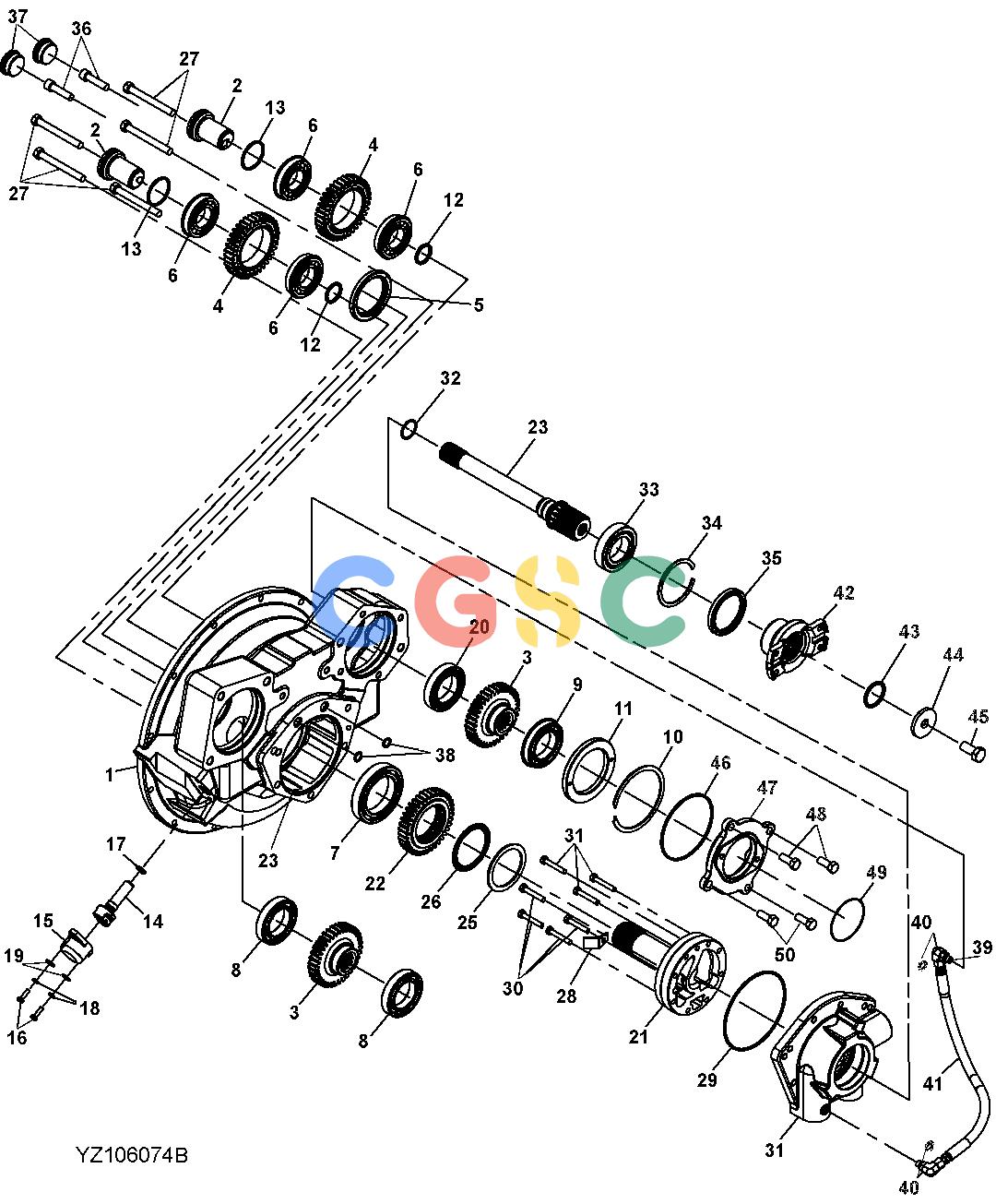约翰迪尔零件查询1400 - AXLE YZ106074 TORQUE CONVERTER-HOUSING, GEARS (SN 580171-)EPC John Deere online