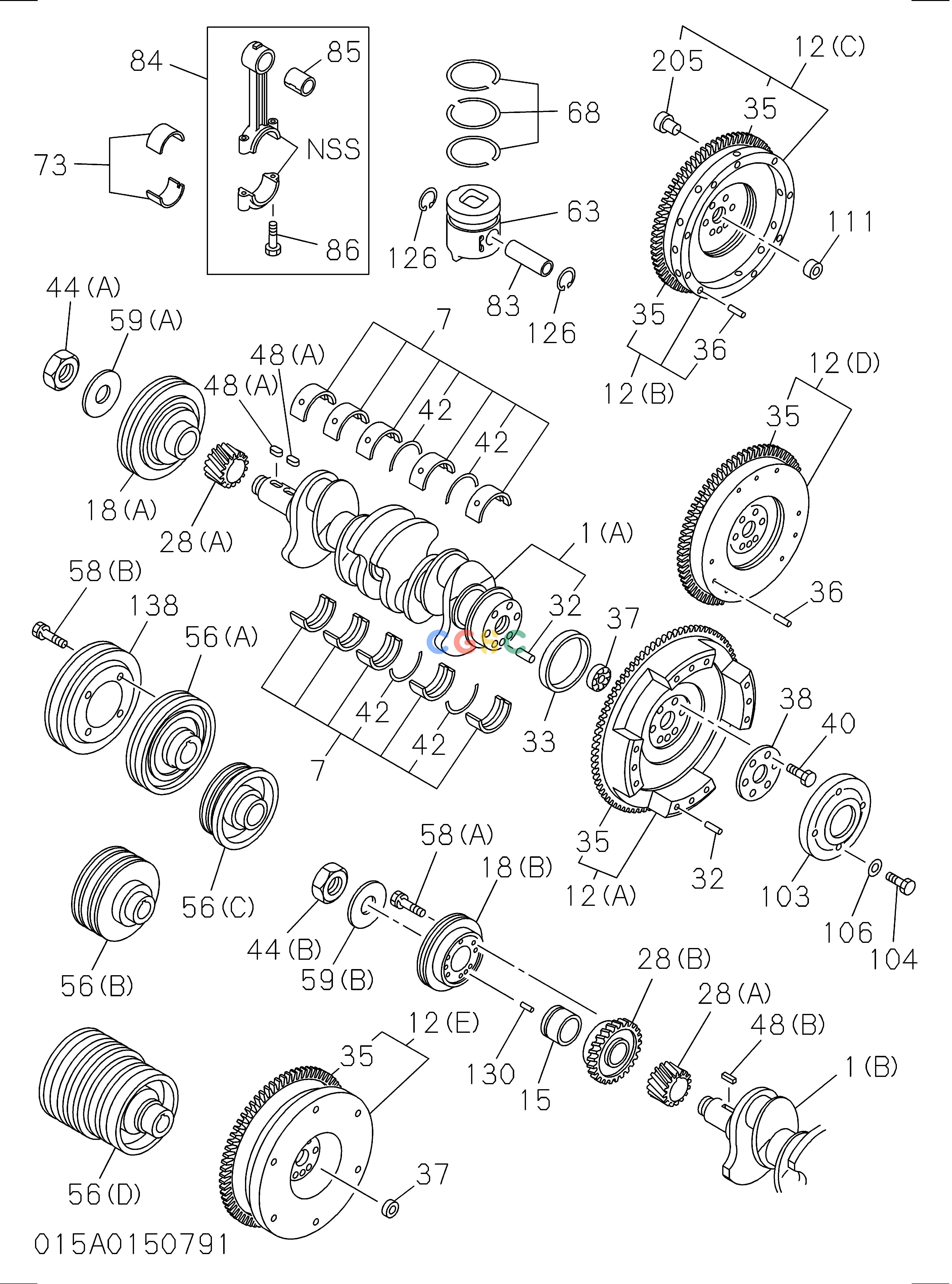 日立零件查询（EX135USR）015: CRANKSHAFT,PISTON AND FLYWHEEL Hitachi HOP online