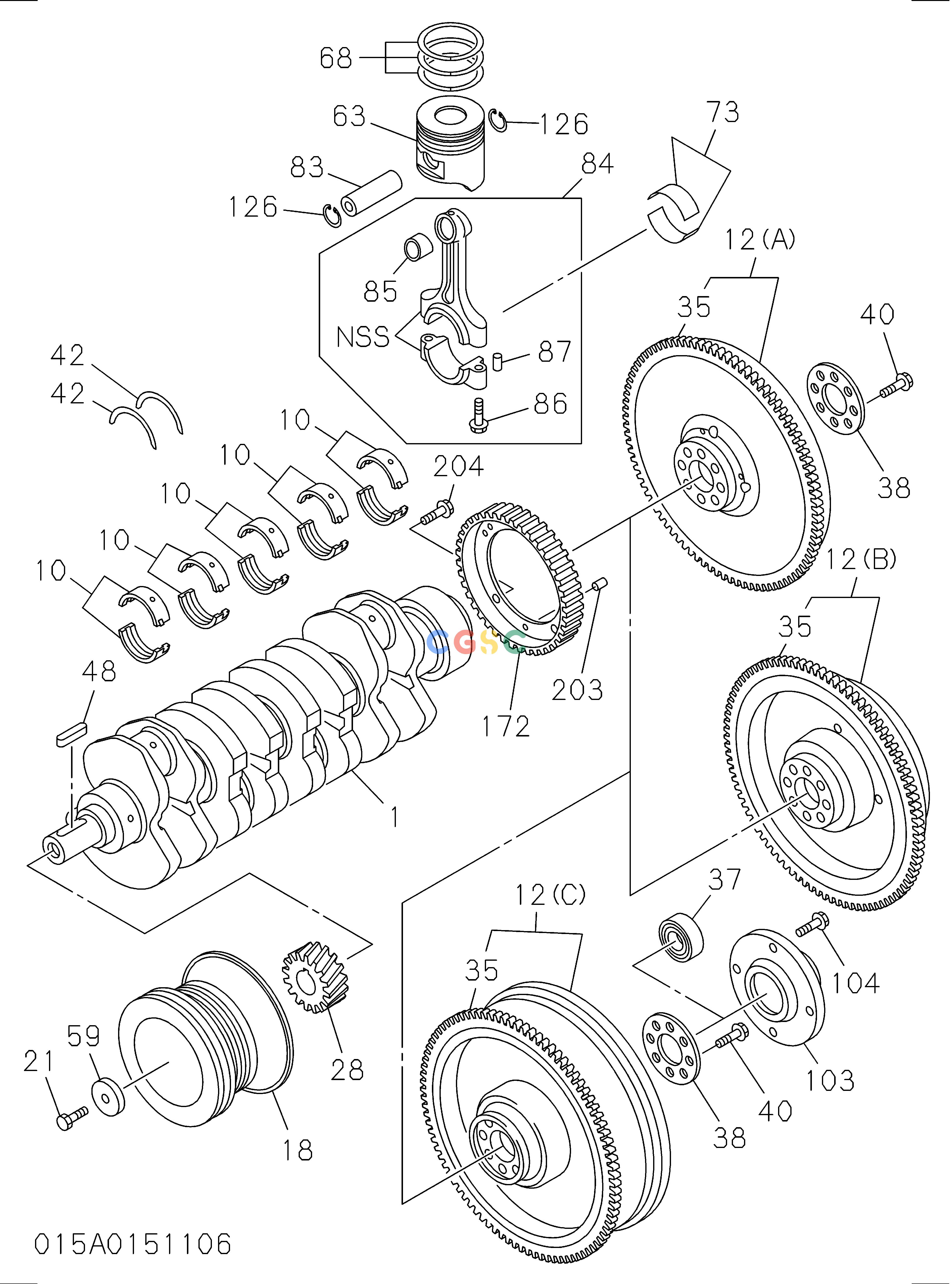 日立零件查询（CP220-3）015: CRANKSHAFT,PISTON AND FLYWHEEL Hitachi HOP online